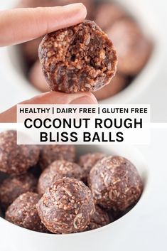 a hand holding up a chocolate coconut rough bliss balls