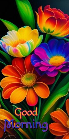 colorful flowers with the words good morning on it