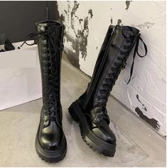 Chunky Platform Pu Leather Knee High Boots · KoKo Fashion · Online Store Powered by Storenvy Thigh High Combat Boots, Botas Grunge, Dr Shoes, Leather Knee High Boots, Everyday Clothes, Black Motorcycle, Pu Heels, Boot Types, Lace Up Booties