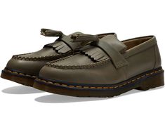 Casual Wingtip Slip-ons With Leather Footbed, Casual Wingtip Loafers With Leather Footbed, Fall Moccasins With Cushioned Footbed And Round Toe, Casual Wingtip Moccasins With Leather Footbed, Mens Dr Martens, Dr Martens Adrian, Doc Martens, Khaki Green, Dr. Martens