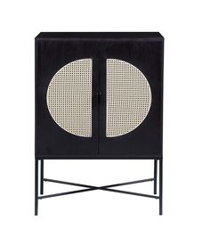 a black cabinet with two white circles on the front and one in the back, against a white background