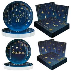 blue plates with gold stars and the words sweet sixteen written on them in white lettering