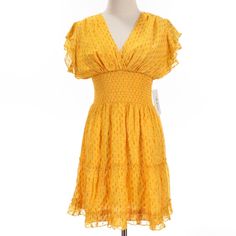 * Length: 33 * Pit To Pit: 15.5 * Waist: 12.5 Chiffon Dress, Flutter Sleeve, Smocking, Multi Color, Chiffon, Size 4, Womens Dresses, Yellow, Dresses