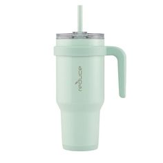 thermos travel mug with handle and lid is shown in light green, on a white background