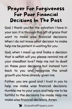 prayer for financial decision in the past, with hand holding money and text that reads prayer for