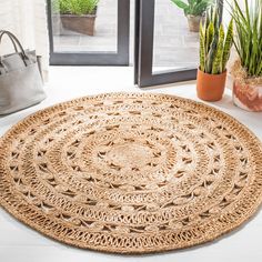 a large round rug on the floor next to potted plants