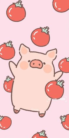 a pig is surrounded by tomatoes on a pink background