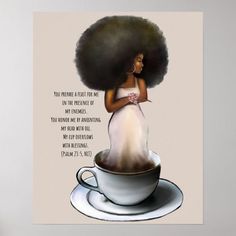 a woman with an afro is sitting in a coffee cup