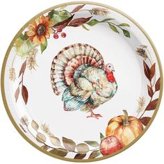 a white plate with a turkey on it