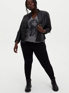 The sleek black knit style has the look of moto pants but all the comfort of stretchy, breathable leggings. High waist. Thick stretch waistband. Tapered leg. Moto-inspired piping. CONTENT + CARECotton/spandex. Wash cold; dry low. Imported plus size leggings. SIZE + FITModel is 5'10”, size 1. 28” inseam. The best plus size women's full length signature waist faux leather moto legging skinny & tapered pants in deep black made of premium. Torrid is your destination for cozy fall and winter clothes Side Leggings, Unique Leggings, Moto Pants, Buy Leggings, Star Leggings, Moto Leggings, Cute Leggings, Comfortable Leggings, Knit Leggings