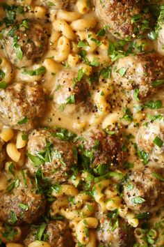 pasta with meatballs and parsley in a white sauce