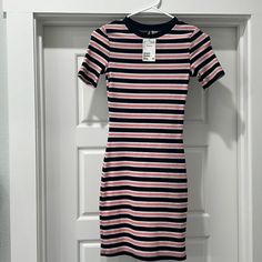 Nwt. H&M T-Shirt Dress. Size 4. Pink, Navy And White Stripes. Fitted. Above The Knee Pink Stretch Crew Neck Dress, Pink Stretch Dress With Crew Neck, Trendy Pink Crew Neck Dress, Pink Stretch Cotton Mini Dress, Cotton Bodycon Mini Dress With Short Sleeves, Fitted Pink Mini Dress By H&m, H&m Pink Casual Mini Dress, Casual Pink Mini Dress By H&m, H&m Fitted T-shirt For Spring