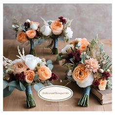 the bridal bouquets are arranged on the table