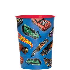 a blue cup with hot wheels on it