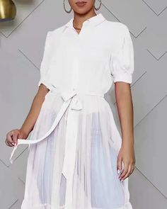 Lasaky - Puff sleeve sheer tulle paneled shirt with tie detail Shirt With Tie, Patch Shirt, Patches Shirt, Chic Type, White Hot, Global Fashion, Olivia Mark, Half Sleeve, Half Sleeves