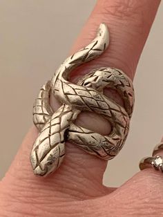 Silver plated base metal snake ring, in good used condition with signs of wear and age, uk size K or us size 5 1/4 Metal Open Snake Ring, Adjustable Metal Snake Ring, Vintage Silver Open Snake Ring, Sterling Silver Snake Ring Collectible Symbolic, Vintage Snake-shaped Jewelry Gift, Metal Snake, Snake Ring, Base Metal, Vintage Silver