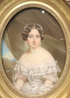 an antique portrait of a woman in white dress