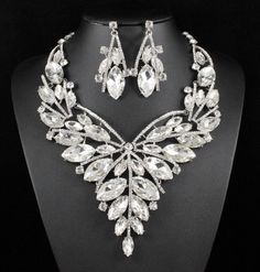 Sensational Austrian Rhinestone Crystal Bib Necklace Earrings Set Silve Lg N887S Crystal Rhinestone Jewelry Sets For Gifts, Diamond White Jewelry Set With Rhinestones For Gift, Jeweled Crystal Jewelry Sets As Gift, Jeweled Crystal Jewelry Sets For Gifts, Silver Crystal Earrings With Jewels For Gift, Silver Crystal Earrings With Jewels As Gift, Crystal Jewelry Sets As Gift, Costume Jewelry Sets With Rhinestones For Gifts, Dangle Rhinestone Jewelry Sets For Gifts