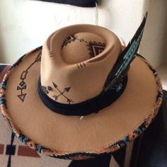 Unique Brown Fedora With Flat Brim, Unique Adjustable Fedora For Festival, Custom Fedora Felt Hat For Festivals, Handmade Brimmed Fedora, Handmade Fitted Brimmed Fedora, Artisan Fitted Fedora For Festivals, Unique Brimmed Hats For Festivals, Unique Brimmed Festival Hats, Unique Fedora Hat For Rodeo