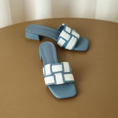 Leather Heels With Woven Sole And Low Heel, Leather Low Heel With Woven Sole, Chic Fabric Sandals With Block Heel, Blue Leather Low Heel Sandals, Blue Leather Sandals With Low Heel, Fabric Open Toe Sandals With Heel Strap, White Fabric Round Toe Sandals, Open Toe Fabric Sandals With Woven Sole, Fabric Sandals With Woven Sole And Round Toe