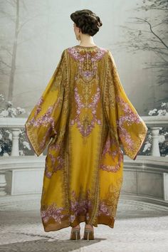 Yellow kaftan with straight boxy kimono sleeves and panels on the side. - Aza Fashions Silk Cape Kaftan, Elegant Silk Kaftan With Cape Style, Elegant Silk Kaftan With Cape, Elegant Silk Cape Kaftan, Elegant Maxi Kaftan With Printed Motifs, Festive Silk Kimono With Kimono Sleeves, Luxury Long Kaftan For Eid, Silk Digital Print Kaftan For Eid, Long Kaftan With Dupatta