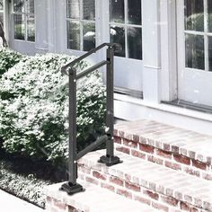 a dog is standing on the steps in front of a house