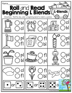 the roll and read beginning blends worksheet with pictures to help students learn how to