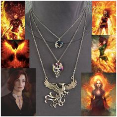 a collage of different necklaces with pictures of the characters in their respective roles