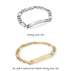 Custom Made Men's Father's Day Jewelry Gifts: this customized Engraved Man ID Bracelet is the perfect choice for him, men, boyfriend, husband, dad with any name, word, text.~~~~~~~~~~~~~~~~ ~~~~~~~~~~~~~~~~~~~ ★ INFO ABOUT THIS ITEM:Material: Sterling Silver 925 / 18K Gold Plated Sterling Silver 925 / Gold Vermeil Plated Sterling Silver 925Thickness: 1.8 mm / 0.07"Measurements: 6.85 mm x 54.05 mm / 0.26" x 2.12"Chain style: Figaro chainChain length: One Size - 8.6"Customization Instructions: ❤ C Mens Jewelry Bracelet Silver, Engraved Christmas Gifts, Husband Fathers Day Gifts, Custom Engraved Bracelet, Word Text, Wedding Gifts For Men, Mens Valentines Gifts, Silver Gold Jewelry, Personalized Fathers Day Gifts