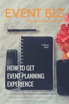 the event biz flyer is displayed on a marble table with flowers and cell phone