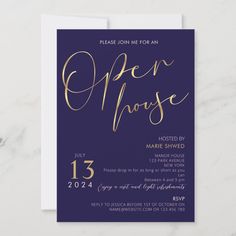 a purple and gold open house party card