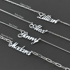 Personalized Name Necklace in Delicate Classic Font, the perfect trendy necklace for any occasion! This nameplate necklace showcases your name with meticulous attention to detail. The name pendant is made from a 1.2mm thickness of 925 sterling silver and designed with four different chain types: Box chain, Rolo chain, Figaro chain, or Paperclip chain. It is the best woman's gift for her birthday, anniversary, or special occasion. Elevate your style with this Delicate and Fashion Custom Name Neck Elegant Custom Name Chain Necklace As Gift, Elegant Custom Name Chain Necklace Gift, Elegant Custom Nameplate Chain Necklace, Elegant Custom Name Chain Necklace For Gift, Engraved Nameplate Chain Necklace As Gift, Engraved Nameplate Chain Necklace Gift, Elegant Name Chain Necklace For Gift, Personalized Chain Necklace For Mother's Day, Customizable Silver Chain Necklace For Gift