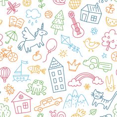 colorful children's doodles on white paper with houses, trees, and animals