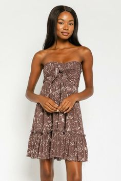 Brown and Cream Print Dress - Strapless Dress - Short Dress | Boho Pink Short Strapless Dress, Boho Beach Outfit, Short Sundress, Boutique Clothing Store, Strapless Dresses Short, Flared Mini Skirt, Dress Guide, A Goddess, Pink Boho