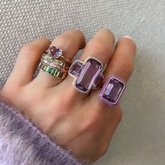 This lavender amethyst is making a real splash in my jewelry collection. It's making such a statement my other rings are getting jealous. Available in 18k rose gold 15.28ctw amethyst .33ctw diamonds Measures 21mm x 10.5mm and 9mm x 7mm By Goshwara Heart Solitaire Ring, Donut Ring, Jane Taylor, Lavender Amethyst, Diamond Tennis Necklace, Diamond Frame, Cushion Cut Ring, Ring With Diamond, Classy Jewelry