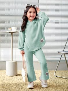 2pcs Young Girl Matching Hooded Pullover Sweatshirt With Asymmetrical Hem And Pants Set Mint Green     Letter  Slight Stretch  Young Girls Clothing, size features are:Bust: ,Length: ,Sleeve Length: Fur Leg Warmers, Cute Shorts, Cute Tshirts, Hooded Pullover, Asymmetrical Hem, Girls Clothing, Short Girls, Asymmetric Hem, Pullover Sweatshirt