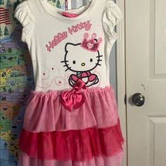 Brand New Never Worn Perfect Condition Playful Cotton Dress With Hello Kitty Print, Cute Fitted Hello Kitty Print Dress, Fitted Pink Hello Kitty Dress, Cute Short Sleeve Dresses With Hello Kitty Print, Cute Pink Hello Kitty Print Dress, Cute Pink Hello Kitty Dress, Fun White Dress For Dress-up Occasion, Hello Kitty Dress, Hello Kitty Pink