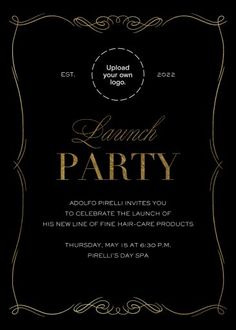 a black and gold party card with the words launch party written in gold on it