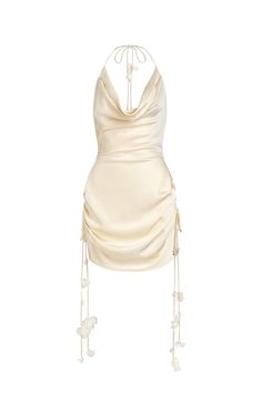 Made from premium silk, its elegant A-line cut and cowl neckline exude sophistication and exclusivity. With its flowing silhouette, this dress is perfect for any event, whether a high-end gala or a night out on the town. Elevate your wardrobe with this must-have piece. Pre-draped Cowl Neck Dress For Gala, Spring Pre-draped Fitted Silk Dress, Pre-draped Silk Slip Dress For Gala, Pre-draped Satin Midi Dress For Spring, Fitted Bias Cut Mini Dress For Date Night, Fitted Pre-draped Satin Dress For Gala, Pre-draped Backless Evening Dress For Party, Pre-draped Mini Dress For Gala, Satin Mini Dress With Bias Cut