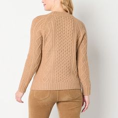 This St. John's Bay women's pullover sweater will quickly become a go-to in your cool-weather wardrobe. It's made from a textured knit fabric and has a regular-fit, a mock neck, and long cuffed sleeves. Pair it with corduroy pants and loafers. Closure Type: Pullover HeadFit: Classic FitNeckline: Mock NeckSleeve Length: Long SleeveSleeve Style: Cuffed SleeveApparel Length: 24 InchesFiber Content: 85% Acrylic, 9% Polyester, 6% NylonFabric Description: KnitCare: Machine WashCountry of Origin: Impo… Camel Sweater, Sweater Brown, Mock Neck Long Sleeve, Large Sweaters, Small Sweater, Pullover Sweater Women, Beige Sweater, Brown Sweater, Textured Knit