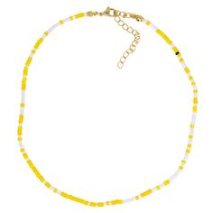 3mm yellow and white seed bead no custom sizes 3 inch extender Yellow Beaded Necklace With Letter Beads For Beach, Yellow Necklaces With Round Letter Beads, Yellow Necklace With Letter Beads, Yellow Necklaces With Letter And Round Beads, Yellow Beaded Necklace With Spacer Beads, Yellow Beaded Necklaces With Gold Beads For Beach, Yellow Beach Necklace With Spacer Beads, Yellow Letter Beads Jewelry For Beach, Yellow Gold Beaded Necklaces For Beach