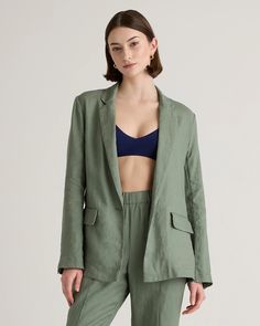 Quince Green, Sage Blazer, Work Vacation, Linen Tank, Professional Wardrobe, Knit Blazer, European Linens, Be Cool, Cool Jackets