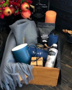 an assortment of personal care items in a wooden box