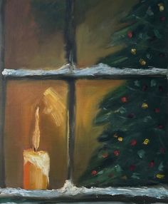 a painting of a lit candle in front of a window with christmas tree outside it