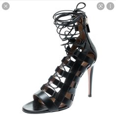 Aquazzura Leather Gladiator Sandals Black Concealed Zip Closure At Ankles & Tie Closures Wrap-Around Straps Worn Only Twice - In Great Condition 4 Inch Heel Aquazzura Shoes, Black Gladiator Sandals, Leather Gladiator Sandals, 4 Inch Heels, Lace Up Heels, Sandals Black, Leather Lace, Gladiator Sandals, Leather And Lace