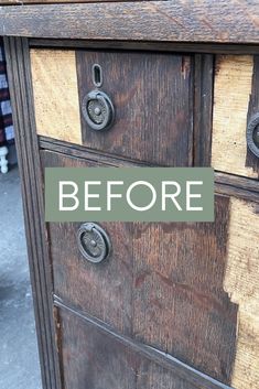 an old dresser has been painted with brown and green paint to give it a rustic look