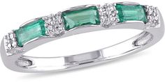 Zales Baguette Emerald and Diamond Accent Three Stone Band in 10K White Gold Half Bezel Setting, Half Bezel, Diamond Band, Emerald Diamond, Three Stone, Diamond Bands, Bright Blue, Blue Sapphire, Turquoise Bracelet