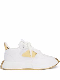 White/yellow panelled lace-up sneakers from Giuseppe Zanotti featuring panelled design, almond toe, front lace-up fastening and flat rubber sole. Sneakers 2022, Giuseppe Zanotti Sneakers, Giuseppe Zanotti Shoes, Balenciaga Triple S, Designer Sneakers, Gold Leather, Curator Style, Beautiful Shoes, Sneakers White