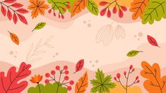 an autumn background with leaves and flowers on the bottom right corner is a pink sky