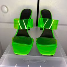 Neon Green Heels. Never Worn Size 7 Green Synthetic Sandals With 4-inch Heel, Modern Green Sandals For Party, Green Open Heel Sandals For Night Out, Casual Green Heels With 4-inch Heel, Green Synthetic Round Toe Heels, Green Pointed Toe Sandals For Night Out, Green Synthetic Heels With Round Toe, Green Synthetic Sandals For Night Out, Green Sandals For Summer Night Out